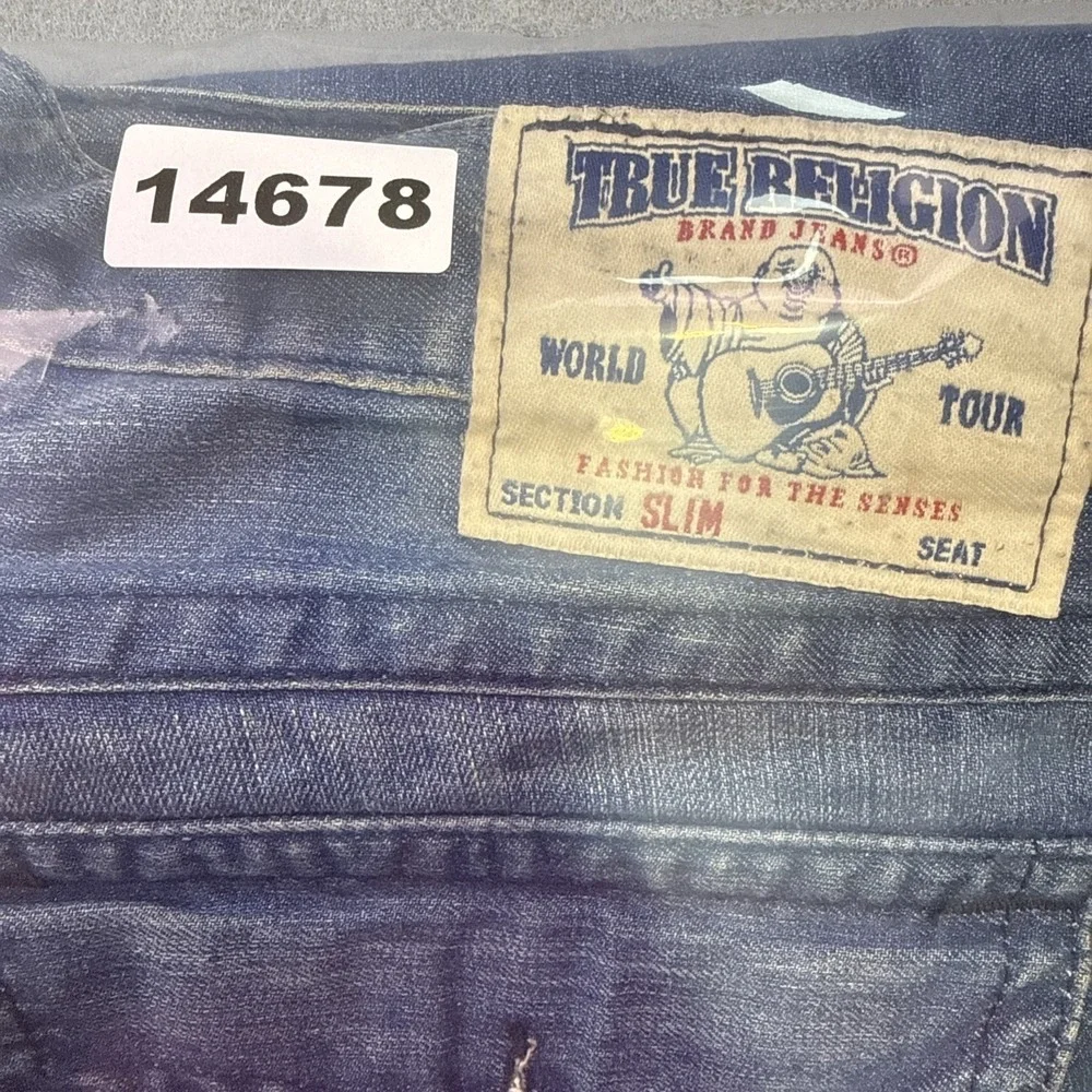 True Religion JEANS 36 Slim Fit Straight Blue Denim Flap Pockets Logo Button NWT